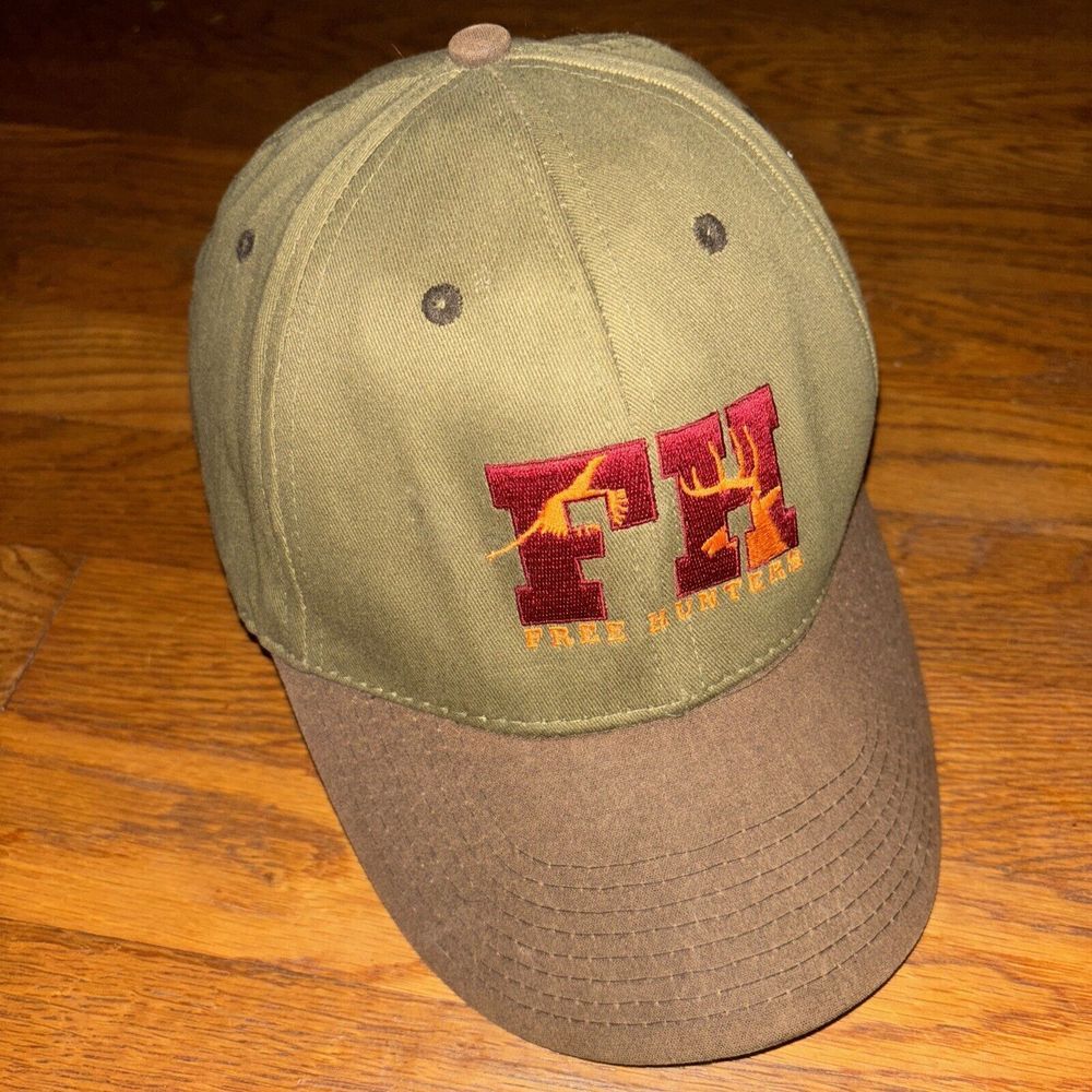 VTG NRA Free Hunters Camo Green Orange Duck Canvas Adjustable Strapback Cap‎ Hat